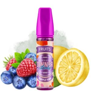 E-liquide Purple Rain Dinner Lady présentant un mélange rafraîchissant de framboises, myrtilles et citron, offrant une expérience vivifiante et fruitée.