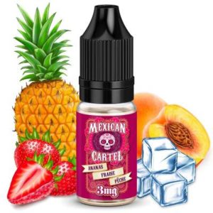 L'e-liquide Mexican Cartel Ananas Fraise Pêche. Un mélange délicieux avec de belles notes fraîches. 10ml. Fabriqué en France.