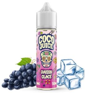 L'e-liquide Coco Juice - Raisin Glacé. Une mixture délicieuse aux saveurs de raisins, le tout relevé d'une touche de fraîcheur. 19.- 50ml