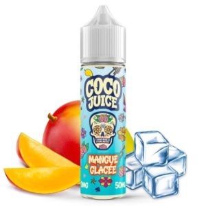 L'e-liquide Coco Juice - Mangue Glacée. Une mixture délicieuse saveur mangue, le tout relevé d'une touche de fraîcheur.