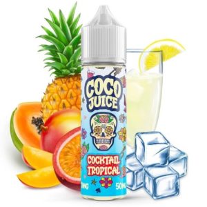 L'e-liquide Coco Juice - Cocktail Tropical Glacé. Une mixture délicieuse aux fruits tropicaux, le tout relevé d'une touche de fraîcheur.